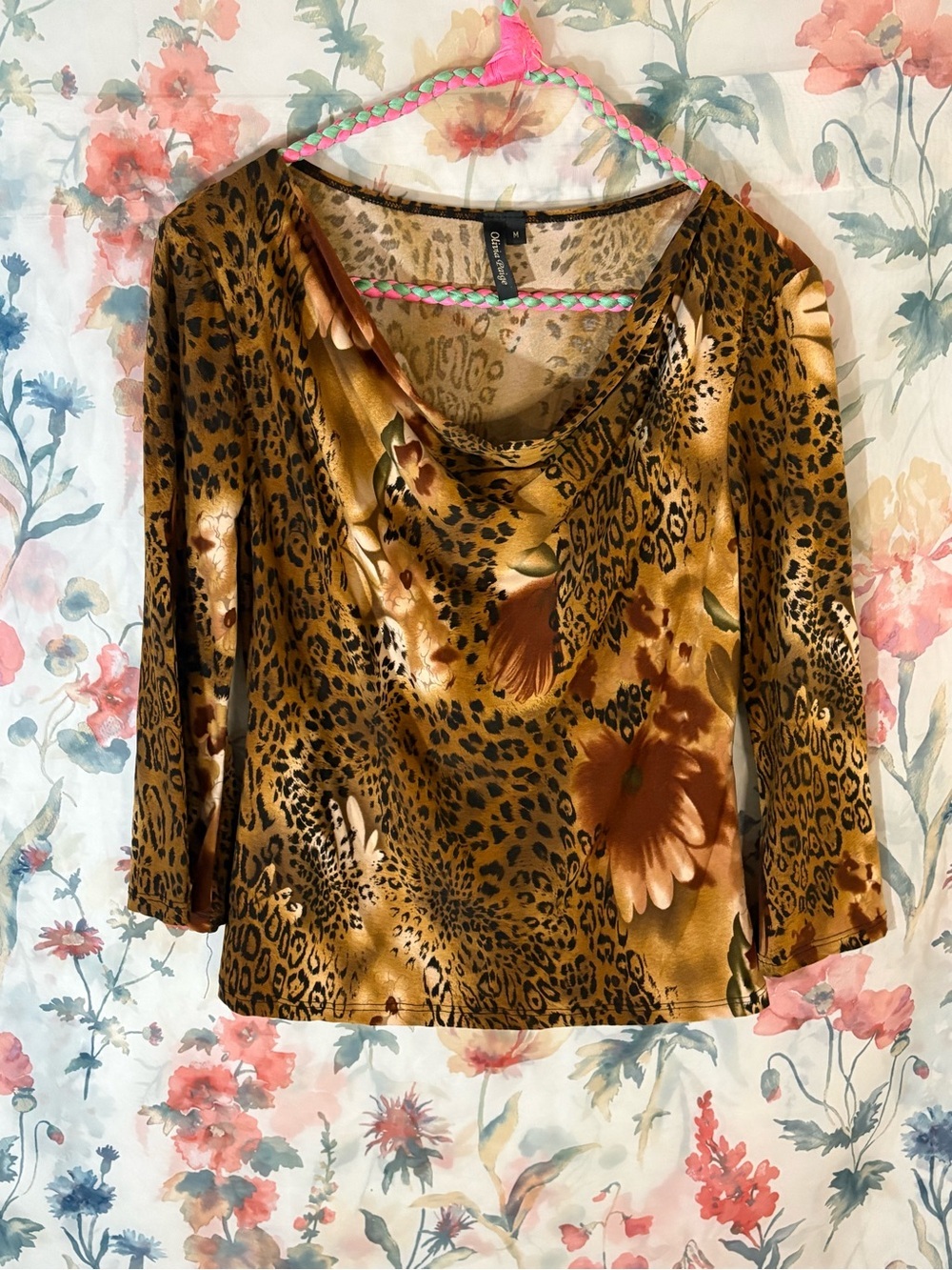 Vintage Leopard Floral Cowl Neck Women's Top - Gold
